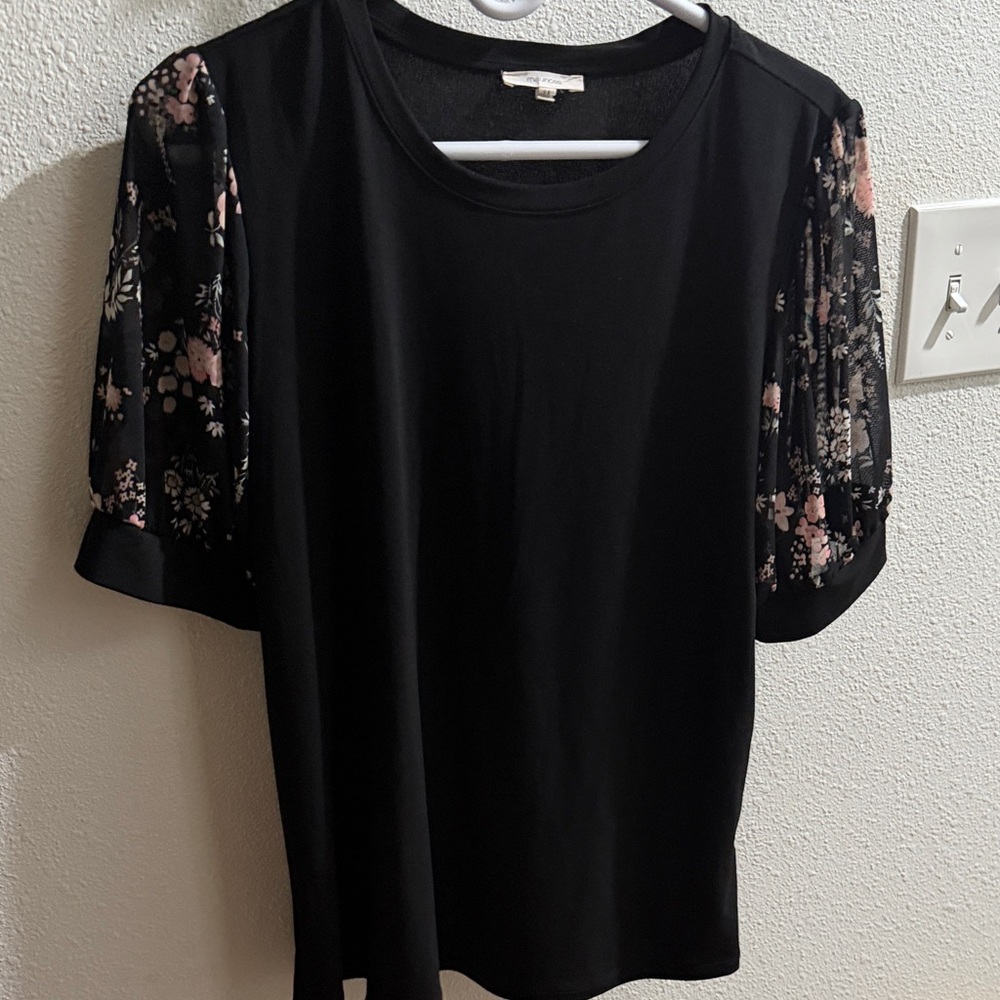 Maurices Black Top with Floral Puff Sheer Sleeves